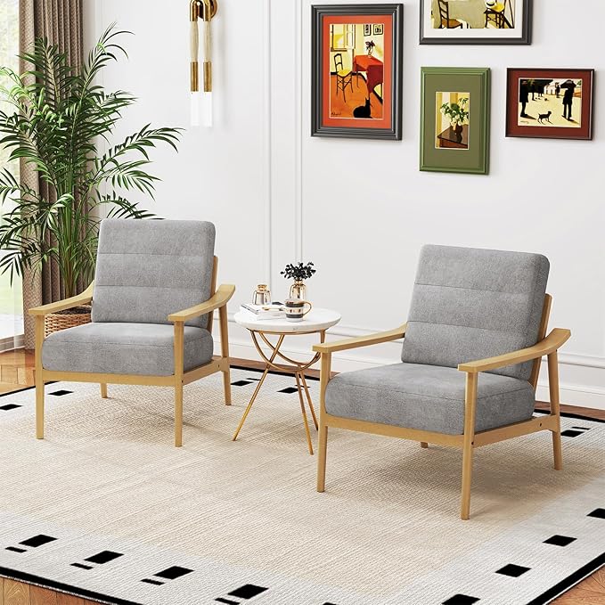 Giantex Mid Century Modern Accent Chair Set of 2, Max Load 440 LBS Upholstered Living Room Chair w/Rubber Wood Armrests & Legs, Removable Back Cushion, Comfy Reading Arm Chair for Bedroom
