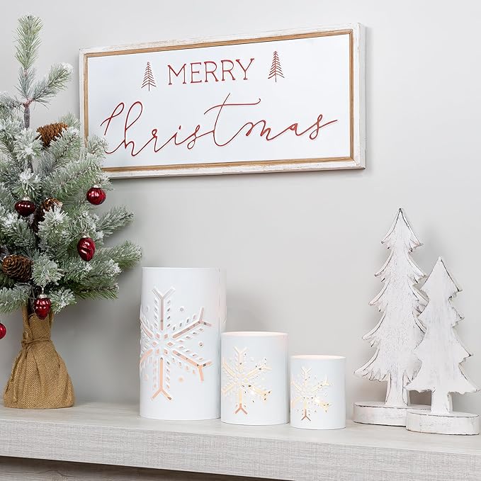 AuldHome Design Snowflake Candle Lanterns for Pillar Candles (Set of 3); Christmas Holiday Decor Centerpiece Candle Holders