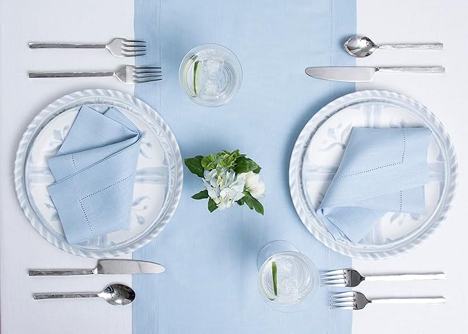 Solino Home Linen Sky Blue Table Runner 144 Inches Long - 100% Pure Linen Extra Long Table Runner 14 x 144 Inch for Christmas- Classic Hemstitch