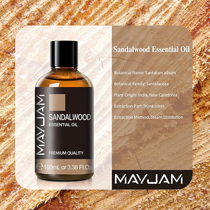MAYJAM Sandalwood Essential Oil - Pure Essential Oils for Diffuser, Fragrance Oil for Soap Candle Making, Ideal for Home Office Car Yoga Use, 100ML/Bottle
