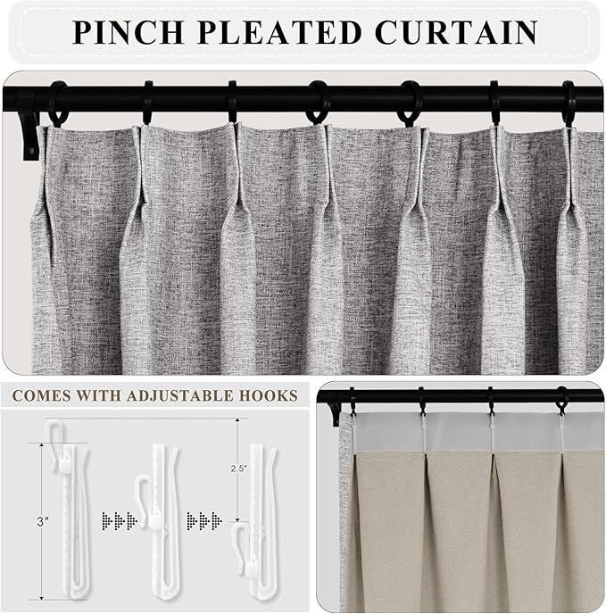 Macochico Pinch Pleated 100% Blackout Linen Curtains 120 Inch Width by 102 Inch Length, Thermal Window Drapes for Living Room Bedroom Nursery Farmhouse, Dark Grey Drapery with Tieback 1 Panel