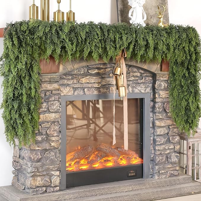 Christmas Cedar Garland - 5ft Artificial Cedar Garland Faux Lush Green Fake Pine Needles for Fireplace,Table,Window,Stairs,Mante,Holiday Indoor Outdoor Xmas Decor(2PCS)