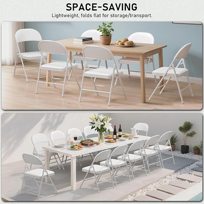 SEALAMB 4 Pack White Folding Chairs with Padded Seats & Cushion, Durable Metal Foldable Chairs for Wedding Party, Commercial Chairs for Office School Church Events, 330lb Capacity (White-PU, 4 Pack)