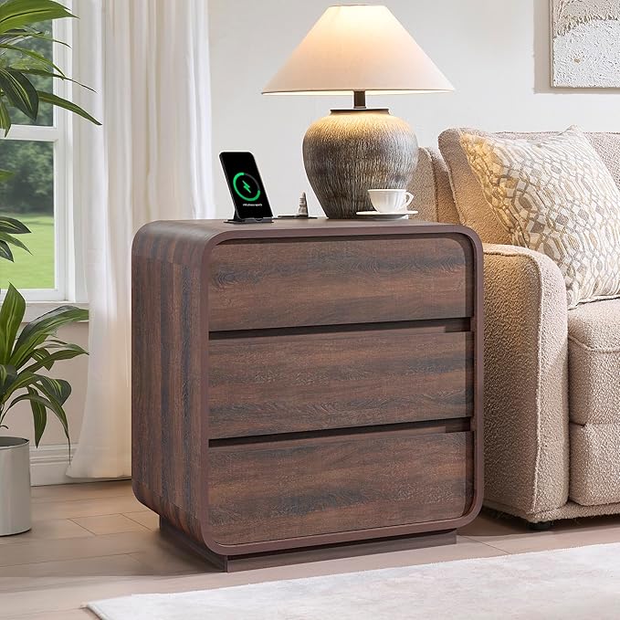 Modern Walnut Nightstand, 25" Tall Wooden Bedside Table with Charging Station, 3 Drawers Dresser Side Table Curved Profile, Handleless, Large End Table Night Stand for Bedroom, Office