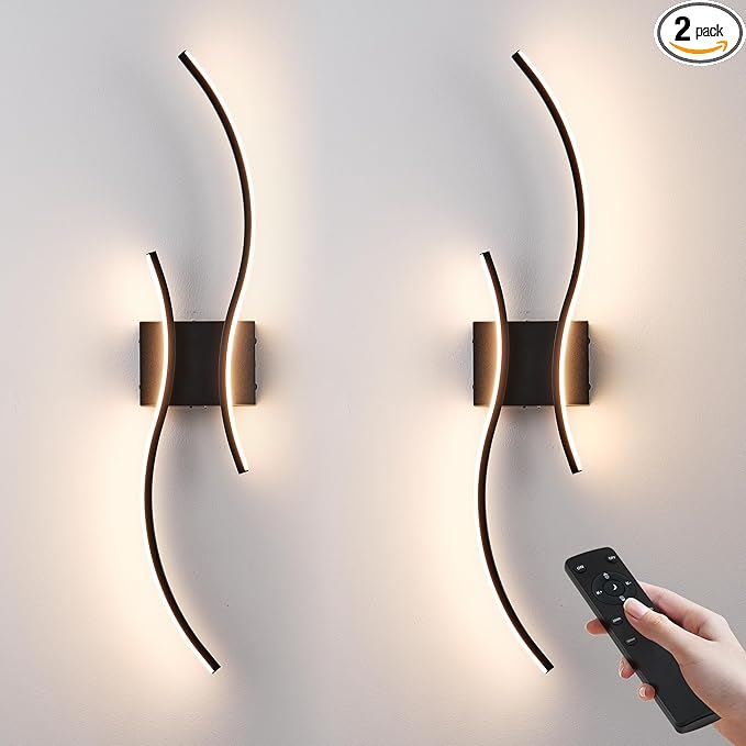 Battery Operated Wall Sconces Set of Two with Remote Control, Stepless Colors 3000K-6000K & Dimming, LED Black Wireless Wall Light for Living Room, Hallway, Bedroom, 27.5 Inch (2 Pack)