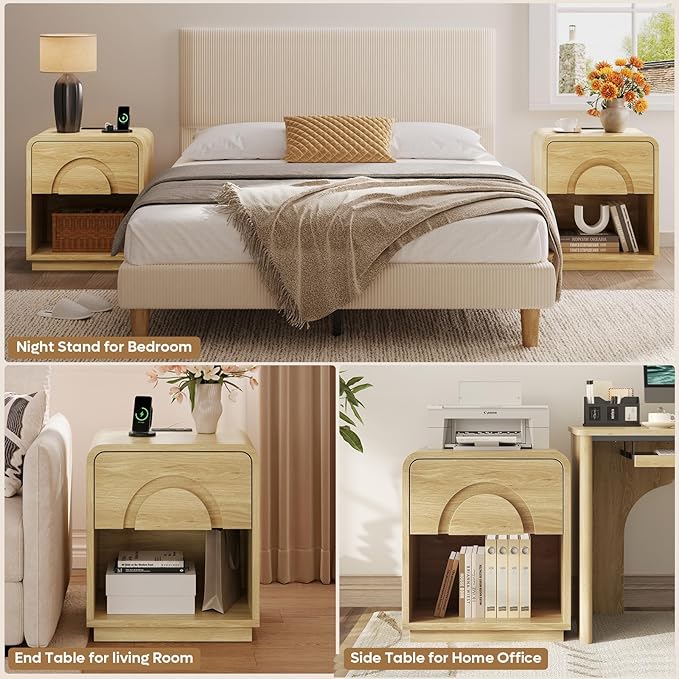 Bestier Night Stand Set of 2, Nightstands with Charging Station, Mid Century Modern Bedside Table with Drawer Storage, Arch Style Design, Curved Profile, Side End Tables for Bedroom