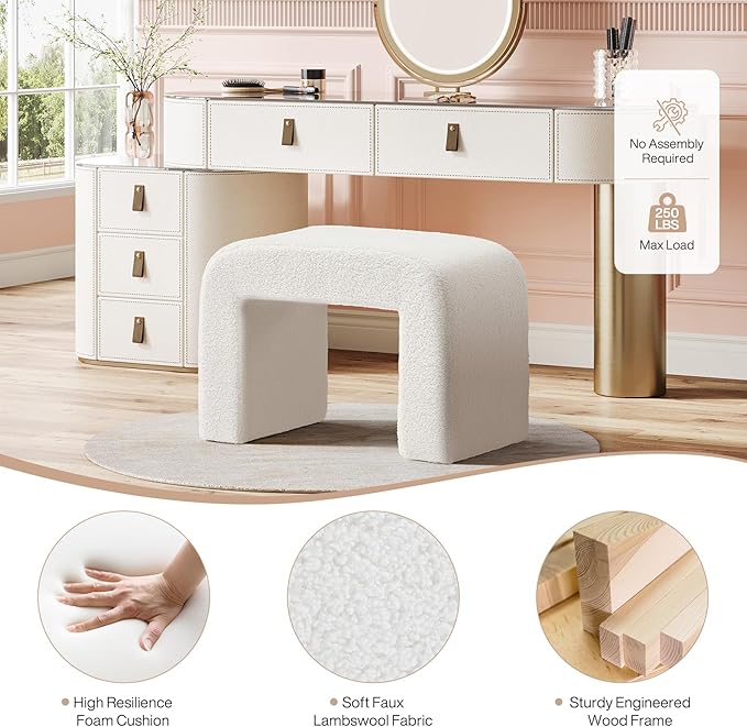 Tribesigns White Vanity Stool, Arched Foot Rest for Couch, Large Foot Stool Ottoman, Modern Extra Seating for Living Room, Shoe Bench for Entryway, Dressing Chair for Bedroom, Fully Assembly