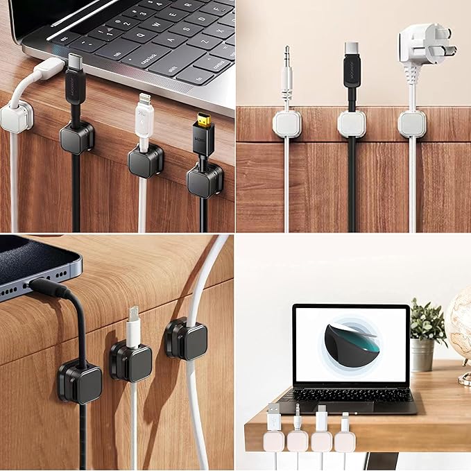 8 Pack Cable Management Clips Home Office Desk Cord Keeper Organizer Accessories Charger Organizer Cord Holder for Nightstand (Black)