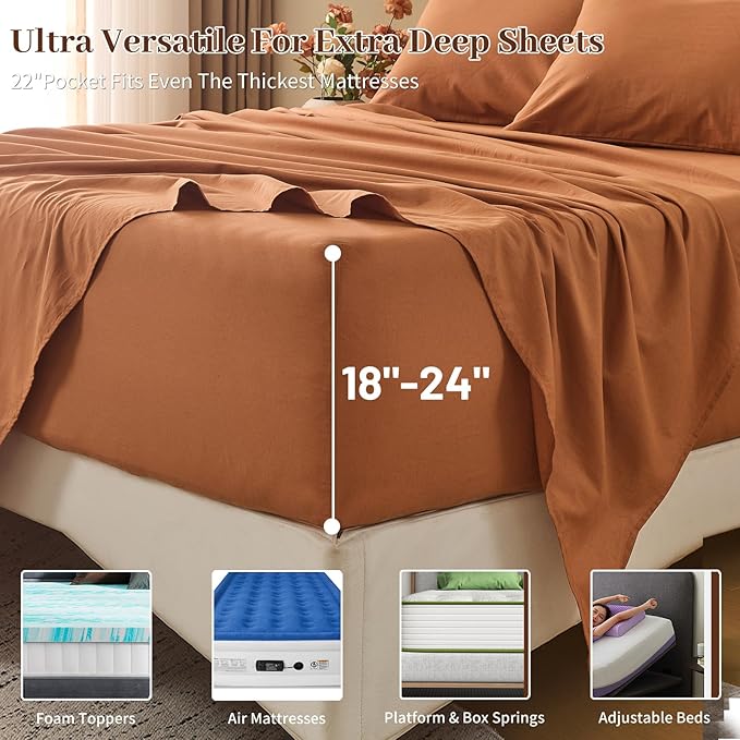 MEISHANG 100% French Pure Linen Sheets Queen Size - Extra Deep Pocket Sheet Set, Soft Durable Flax Linen, Anti-Tear Breathable & Oeko-Tex Certified 18-24 Deep Pocket,All Season(Brown)