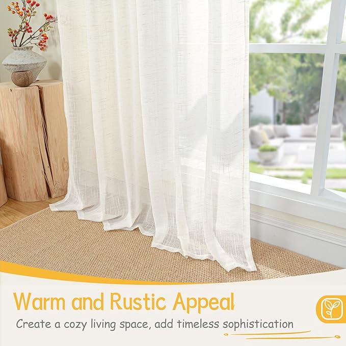 YoungsTex Linen Semi Sheer Curtains 84 Inch Length 2 Panels for Living Room, Ivory White Window Treatments Netural Texutred Light Filtering Drapes with Rod Pocket Back Tab for Bedroom, 52 X 84 Inch