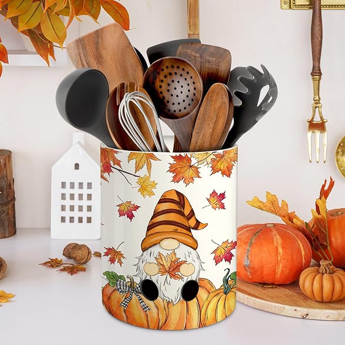 pinata Fall Kitchen Decor Ceramic Utensil Holder, Farmhouse Fall Gnome Pumpkin Utensils Holder, Ceramic Utensils Crock for Rustic Indoor Kitchen Decorations(6.3 Inches)