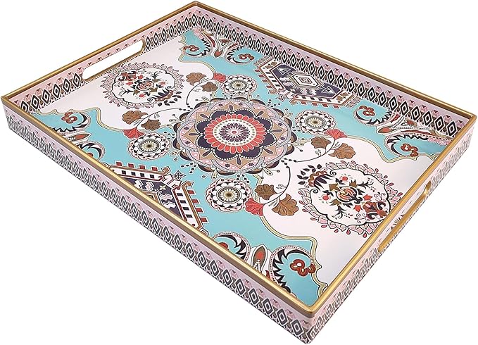 Boho Pink Decorative Tray for Coffee Table, Ottoman, Rectangular Plastic Serving Platter Tray with Handles for Entertaining, Outdoor Patio, Living Room Counter, 15.7”*11.8”*1.6”