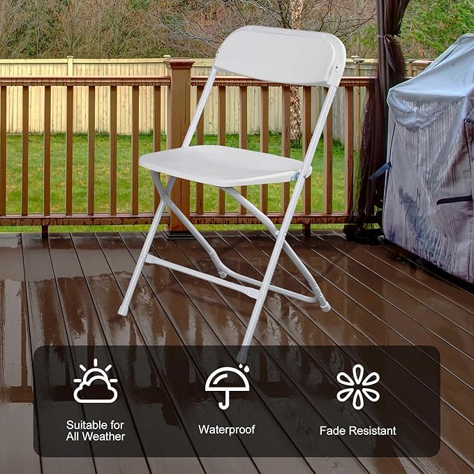 50 Pack Plastic White Folding Chairs with 350-LBS Capacity, Lightweight Portable Indoor Outdoor Chairs, Stackable Commercial Seat with Steel Frame for Office, Party, Graduations, Kitchen