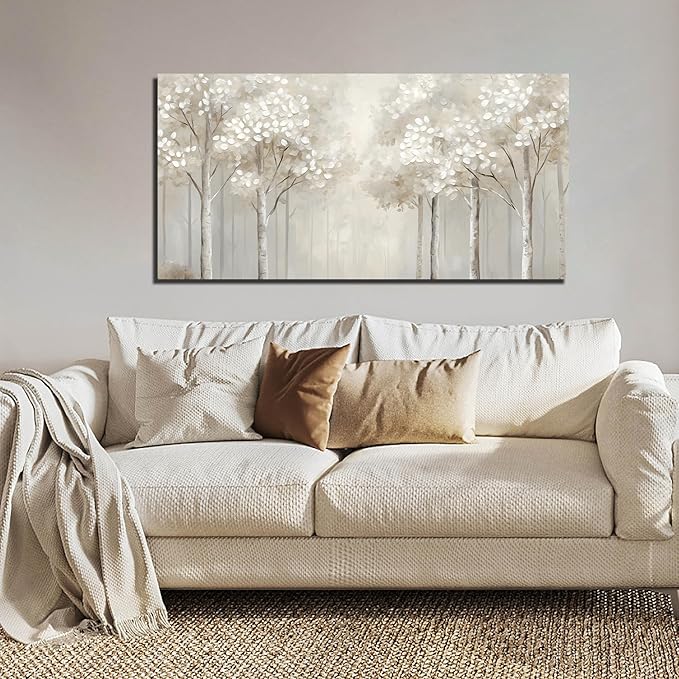 ANCXWOTER Large Forest Wall Art for Living Room White Misty Birch Tree Picture for Bedroom Office Modern Landscapes Canvas Prints Ready to Hang 24x48 Inch