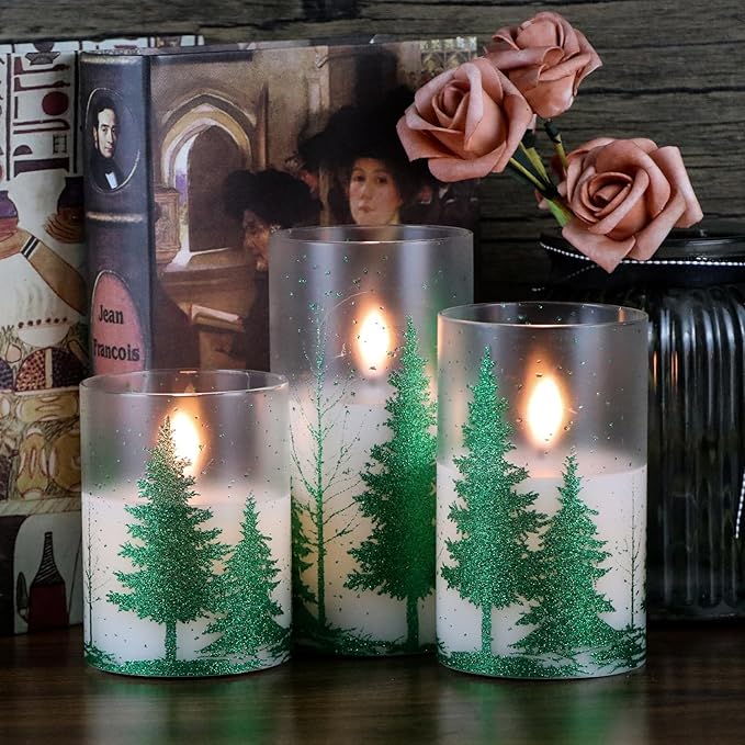 DRomance Christmas Tree Glass Flameless Candles with Remote Timer Battery Operated Real Wax 3D Wick LED Flickering Pillar Candles Christmas Holiday Decor(Green, 3 x 4,5,6 Inch)