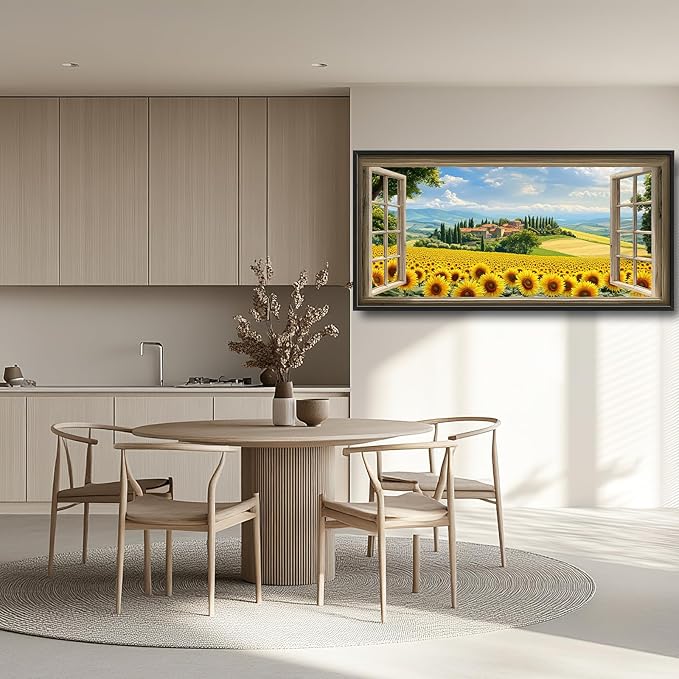 Sunflower Wall Art, Italy Pictures Wall Decor, Window Flower Canvas Prints Painting, Modern Large Framed Artwork For Living Room Office Bedroom Corridor 60"x 30"