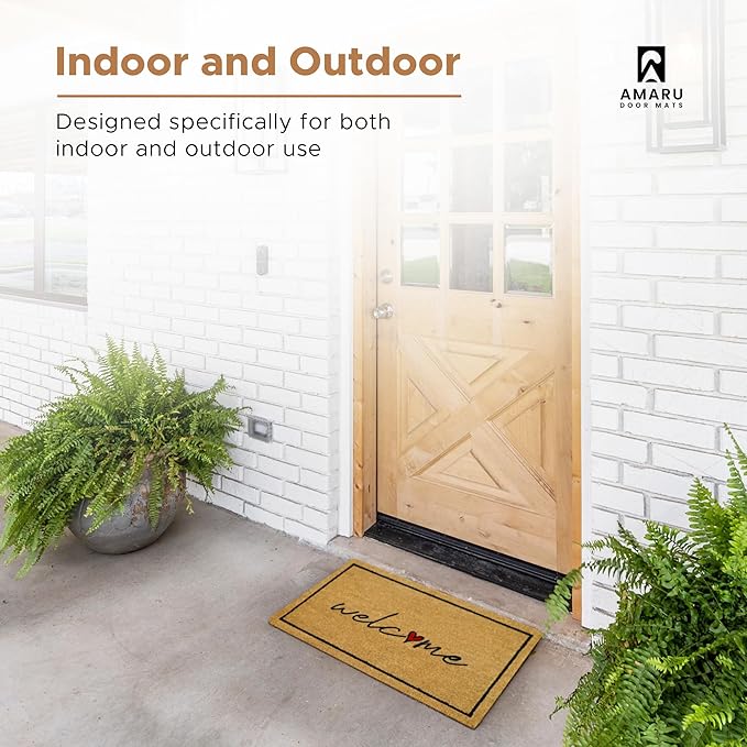 Welcome - 17"x29" - Coir Door Mat with Heavy Duty Backing - Welcome Mats for Entryway, Porch - Anti-Slip PVC & Coconut Fiber Surface - Natural Home Accessories, Minimalist Original Design