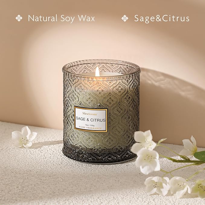 Sage & Citrus Scented Candles, Large Natural Soy Candle, 88 Hours Burning Time, Decorative Candles in Glass, Aromatherapy Candle Gift for Women, 19oz