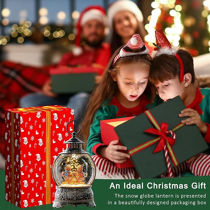 9.8" Christmas Snow Globe Water Lantern with Gingerbread Scene Battery Operated or USB Powered Musical Lighted Holiday Decoration for Tabletop Display for Family and Friends