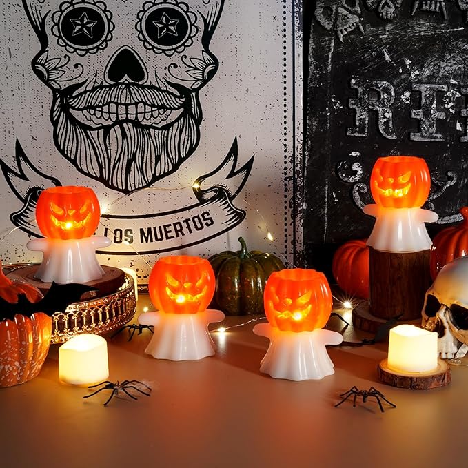 Homemory Real Wax Pumpkin Ghost Lamp, 4 Pcs Flickering Flameless Candles with 6hrs Timer, Spooky Halloween Pumpkin Candles, LED Battery Operated Lights for Home Halloween Decor, Theme Party