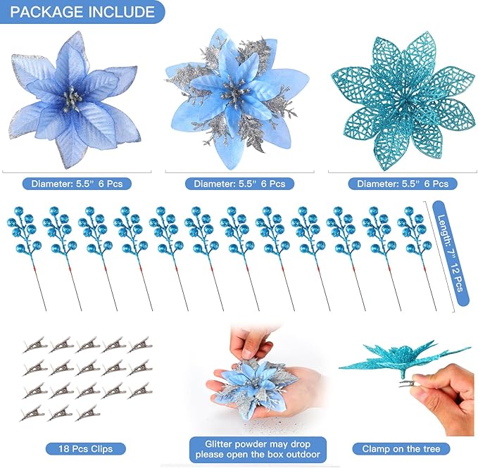 Floweroyal 30pcs Poinsettia Artificial Christmas Flowers Decorations with Clips and Berry Stems Glitter Ornaments for Christmas Tree Wreath Fireplace Stairs Decor (Blue-3 Styles)