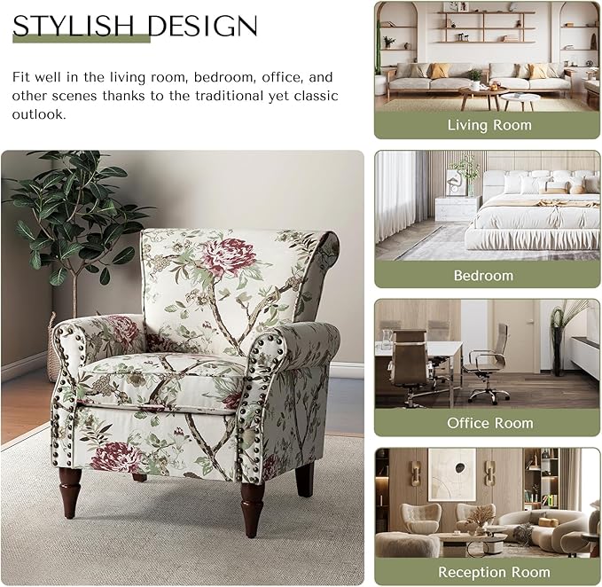 HULALA HOME Modern Wingback Accent Chairs Set of 2 with Wood Legs & Removable Cushion, Comfy Upholstered Armchairs with Nailhead Trim, Floral Pattern Single Sofa Chairs for Living Room Bedroom, Floral