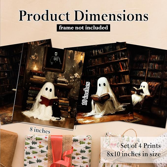 DOFQZ Halloween Ghost Reading Book Wall Art Prints Set of 4, Halloween Room Decor, Vintage Dark Academia Spooky Ghost Black Cat Posters for Bedroom Living Room Decor, 8x10 Unframed