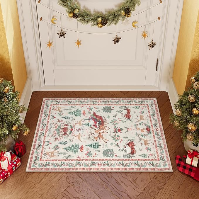 Lahome Indoor Christmas Rug 2x3 Small Kitchen Bathroom Rugs for Entryway,Washable Soft Non-Slip Christmas Tree Santa Claus Area Rug,Door Mat for Winter Living Room Bedroom Holiday Decor(2x3,Beige)