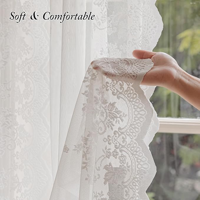 White Lace Sheer Curtains – Vintage Floral Lace for Living Room/Bedroom, Airy Light Filtering Rod Pocket Drapes, Privacy Elegant Chic Victorian Pattern Design, 52W x 63L Inch, 2 Panels