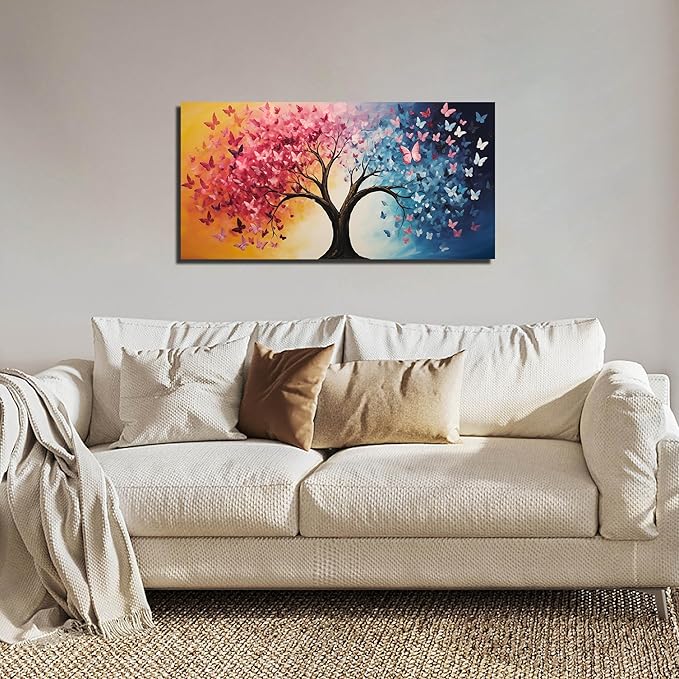 GUGIKA Tree Wall Art for Living Room, Pink Gold and Blue Butterflies Canvas Wall-Decor for Bedroom, Natural Picture Print for Hallway, Size 40x20 Inches