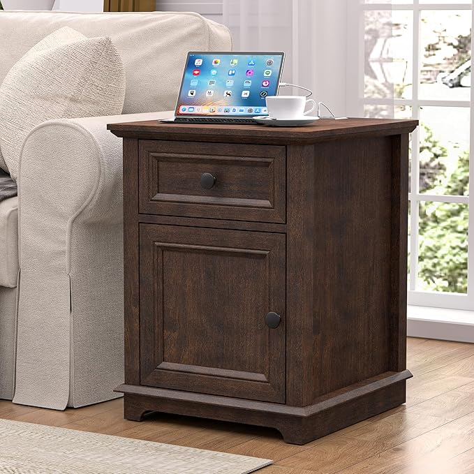 24" Tall End Table with Fast Charging Station, Square Side Table with Drawer & Large Storage Cabinet, Vintage Wooden Table for Living Room/Bedroom, Cherry