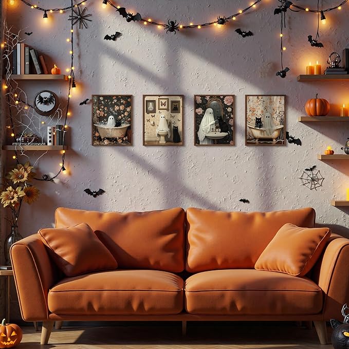 DOFQZ Funny Halloween Bathroom Wall Art Prints Set of 4, Halloween Bathroom Decor, Vintage Dark Academia Spooky Ghost Black Cat Posters for Bath Room Washroom Decor, 8x10 Unframed