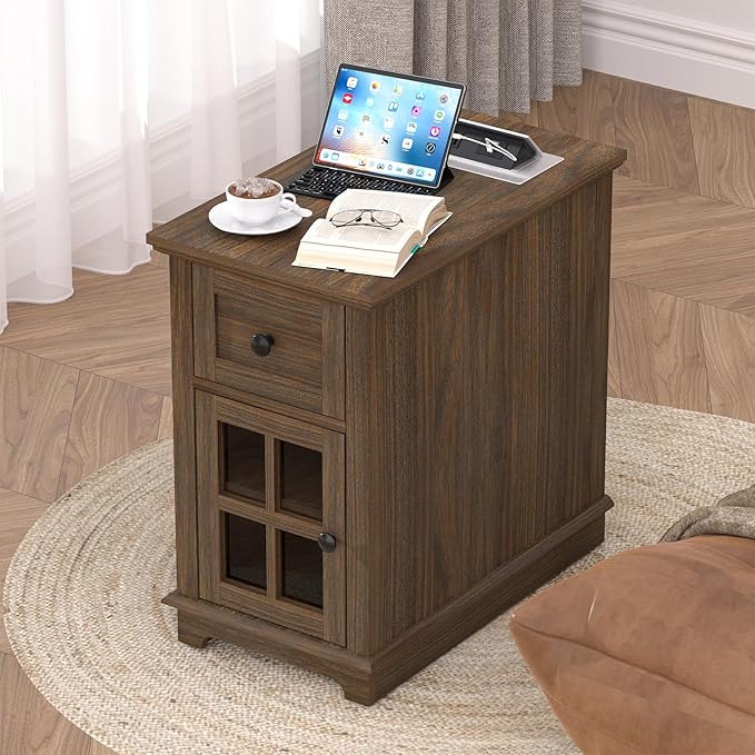 HIFYOBRO Narrow End Table with Flip Top Charging Station Set of 2, Storage Side Table with Drawer and Cabinet, Type-C & USB Port & Power outlets, Wooden Storage Cabinet for Bedroom/Living Room