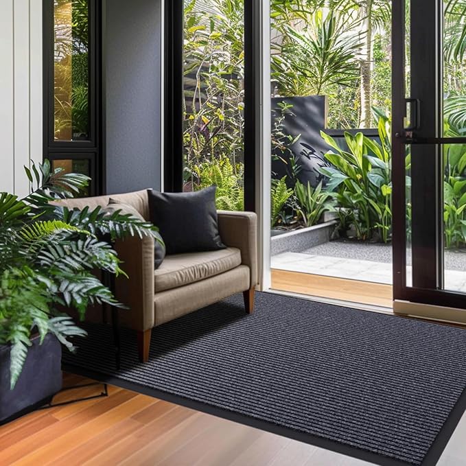 CHICHIC 4'x8' Indoor Outdoor Heavy Duty Door mat, Welcome Front Door Mat for Home Entrance, Super Water Absorbent Large Commercial Floor Mats, Non Slip Rubber Back Entryway Rugs for Garage (Grey)