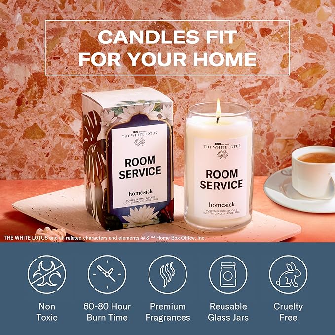 Homesick Scented Candles for Home (Room Service) - 13.75 oz Long-Lasting Soy Wax Jar Candle for Women & Men for All Occasions, 60-80 Hours Burn Time - Notes of Lotus Blossom, Fresh Linen & White Musk