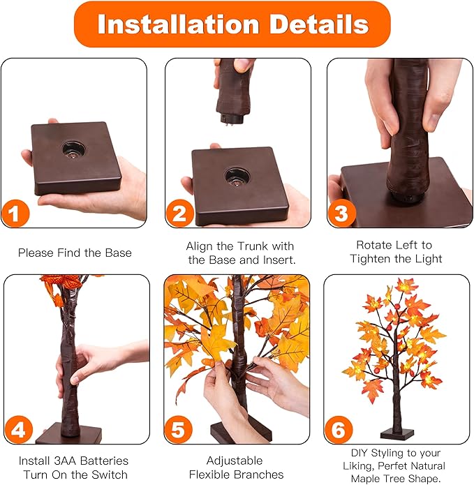 2 Pack 24 Inch Prelit Fall Maple Tree Decor with 48 LED Timer Fall Thanksgiving Decorations Battery Operated Lighted Pumpkin Acorn Maple Artificial Tabletop Tree Thanksgiving Table Decor Home Indoor