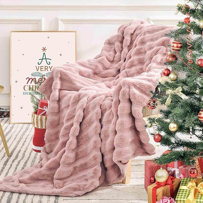 NEXHOME PRO Faux Fur Throw Blanket Pink, Luxury Soft Decorative Cozy Plush Long Shaggy Fluffy Blanket for Sofa Couch Bed Living Room, Reversible Puffy Thick Warm Blanket for Winter, 50"X60"