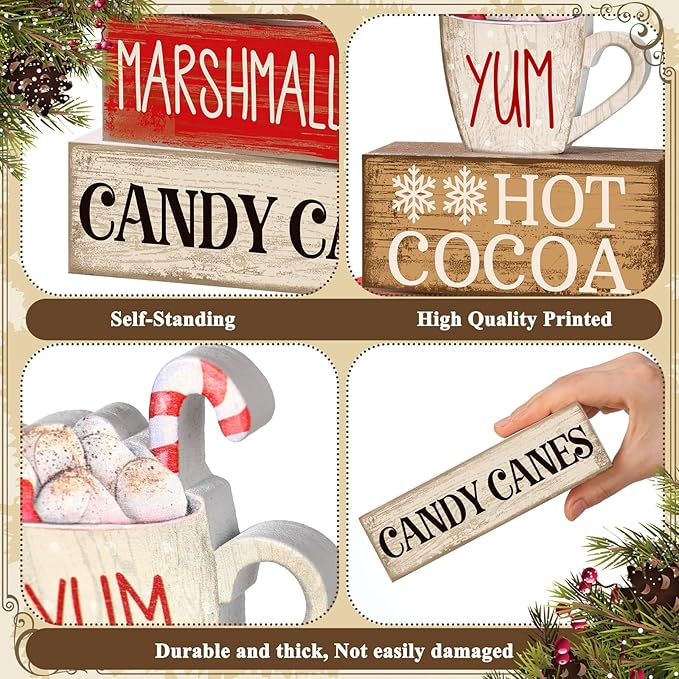 4 Pcs Wooden Christmas Tabletop Decor Hot Cocoa Tiered Tray Decor Rustic Wood Hot Cocoa Block Sign Gift Merry Christmas Centerpiece Farmhouse Winter Table Decoration