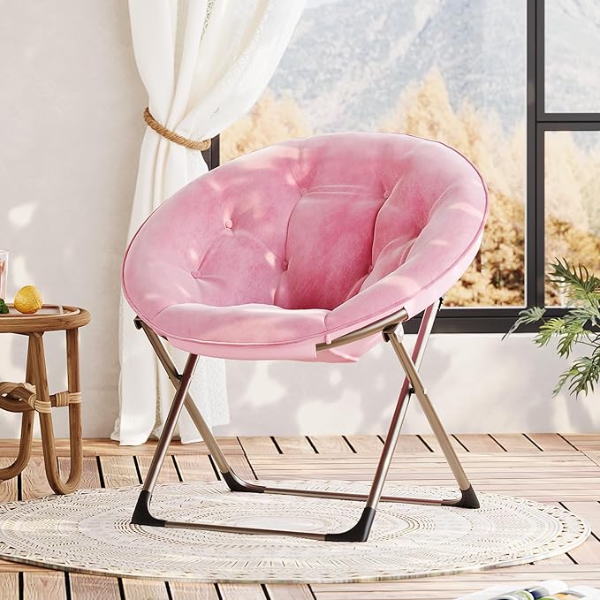 Comfy Saucer Chairs, Pink Folding Reading Lounge Chair, Cozy Faux Fur Living Room Chair with Soft Thick Padded Seat & Metal Frame, Modern Style Bedroom Home for Kids Adults, X-Large, Gold Legs