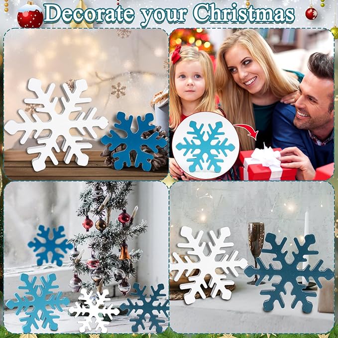 5Pcs Snowflake Christmas Table Decorations, White Blue Wooden Snowflakes Tabletop Centerpieces Christmas Winter Tiered Tray Table Decor for Xmas Holiday Party Supplies Home Mantel Decor