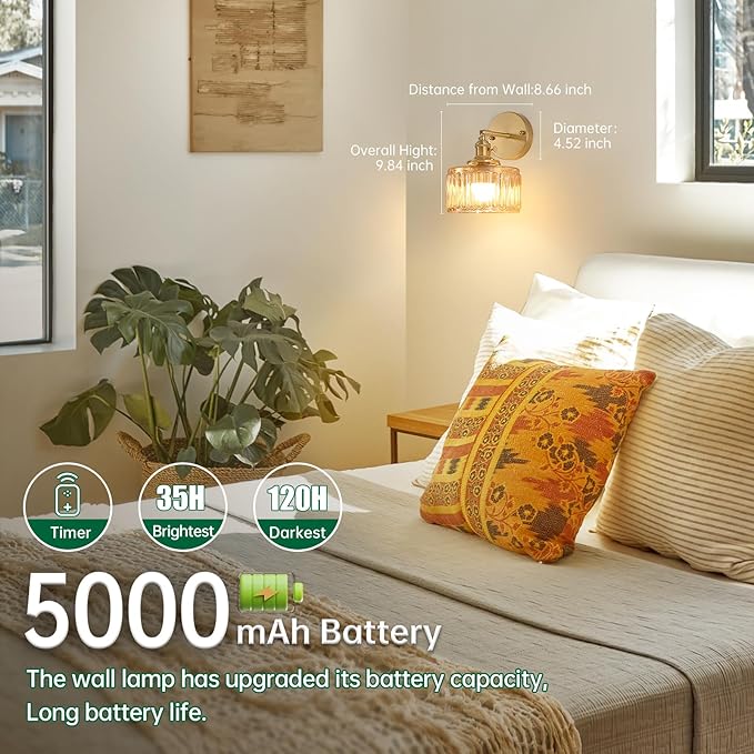 Vintage Battery Operated Wall Sconce with Amber Striped Glass Lampshade 5000 mAh Rechargeable Battery Powered Wall Light with Remote Control for Bedside Bedroom Doorway