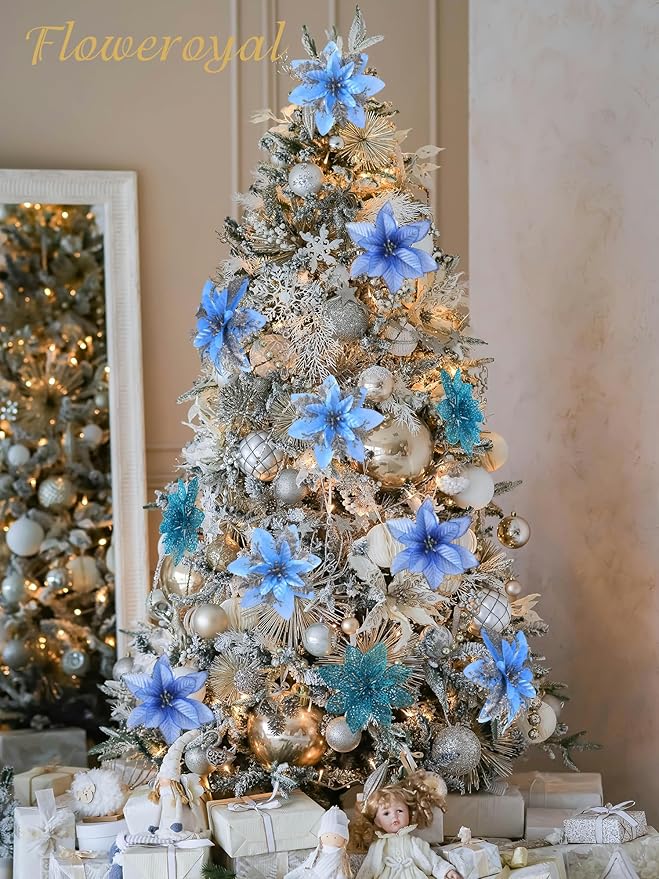 Floweroyal 30pcs Poinsettia Artificial Christmas Flowers Decorations with Clips and Berry Stems Glitter Ornaments for Christmas Tree Wreath Fireplace Stairs Decor (Blue-3 Styles)