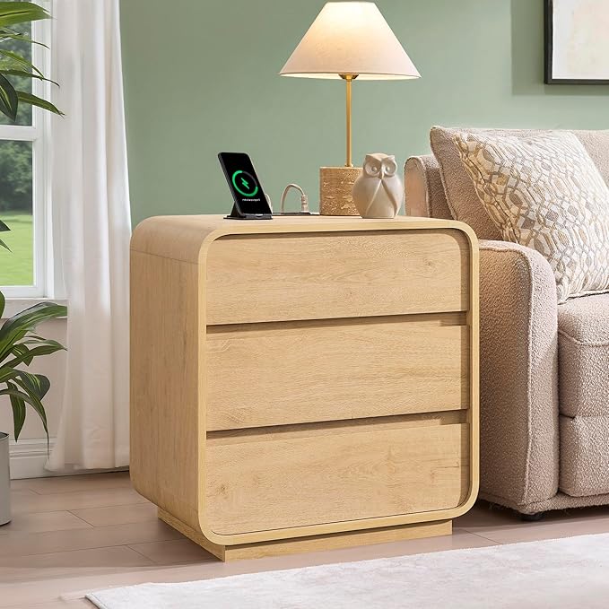 Modern Nightstand, 25" Tall Wood Bedside Table with Charging Station, 3 Drawers Dresser Side Table, Large End Table Night Stand for Bedroom, Office, Sofa, Curved Profile Design, Natural