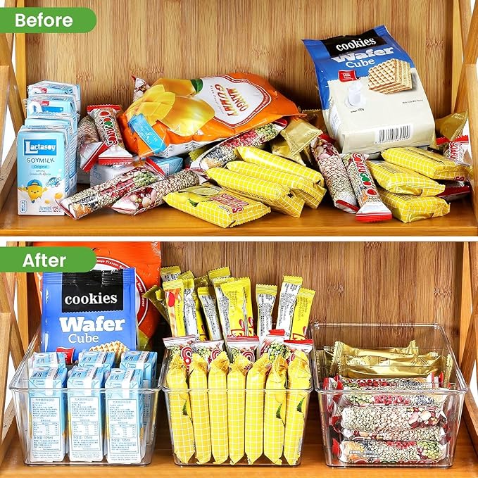 wilfox Pantry Organizer, 7 Pack Clear Bins with Removable Dividers, Pantry Organizers and Storage, Fridge and Cabinet Organizer for Snack, Pouches, Spice Packets