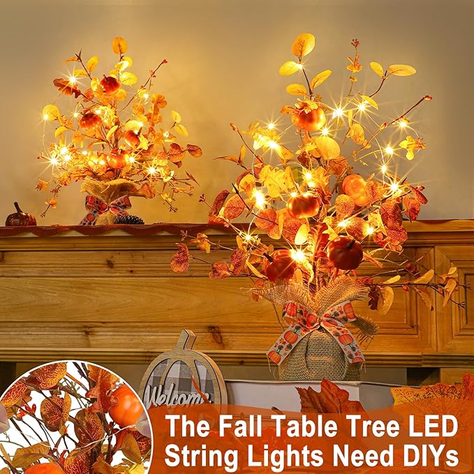 2 Pack & Timer - Lighted Fall Tree Tabletop Fall Thanksgiving Decor with 30 LED Battery Operated Artificial Eucalyptus Tree Pumpkins Floral Berry Burlap Base Fall Thanksgiving Decorations Home Indoor