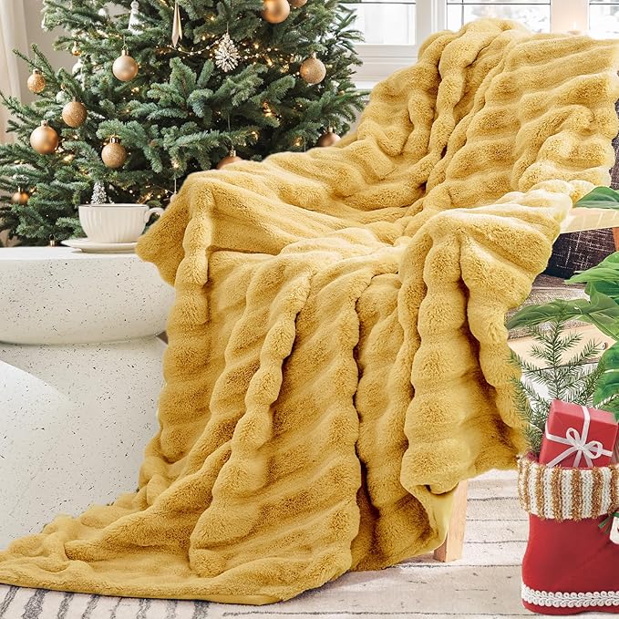 NEXHOME PRO Faux Fur Throw Blanket, Cozy Fluffy Soft Blanket or Couch Sofa Bed Living Room Decorative, Reversible Puffy Thick Warm Blanket for Winter 50"X60" Orange