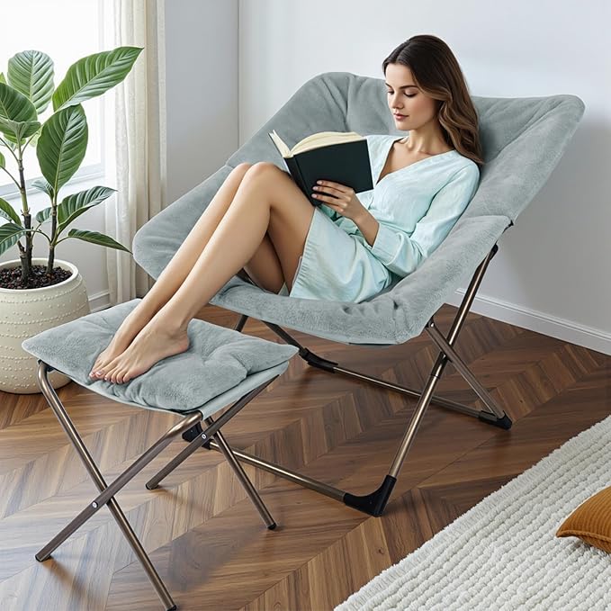 Kokel Plush Folding Chair and Ottoman Padded Metal Frame Living Room Chair (Light GRAY-TM21)