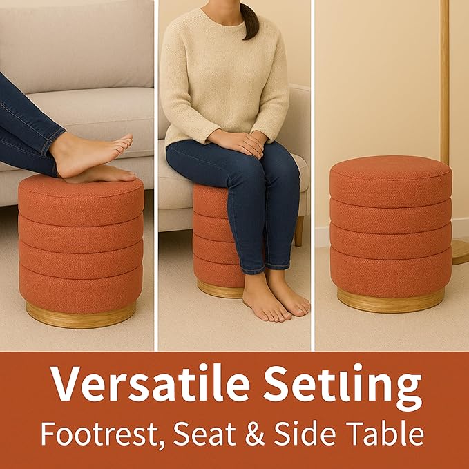 Round Ottoman with Storage โ Elegant Durable Linen Upholstered Footrest Bench for Living Room, Cylinder Vanity Stool โ Coral Orange