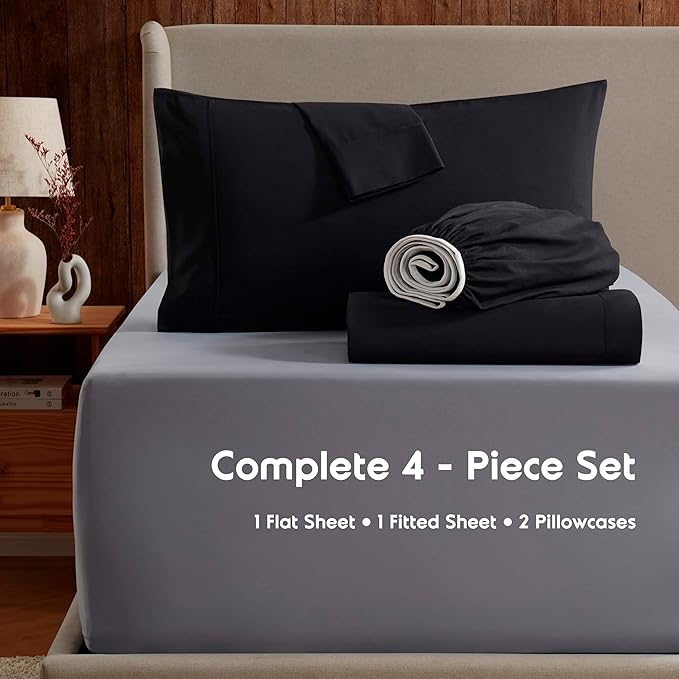 Nestl Extra Deep Twin Sheet Set - 4 Piece Breathable & Cooling Sheets - Hotel Luxury Bedding Set w/18-24 Inch Deep Pockets - Easy & Secure Fit - Super Soft, Wrinkle Free & Comfy - Black