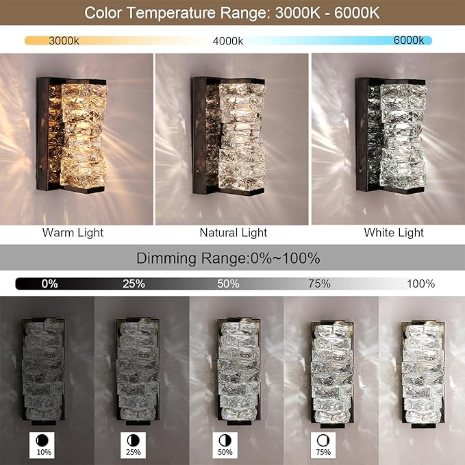 HuisMier Modern Crystal Wall Sconce, Black Dimmable LED Wall Light Fixtures with 3 Color Temperature, Luxury Black Bathroom Wall Sconce for Bedroom Living Room Mirror Stairway Hallway